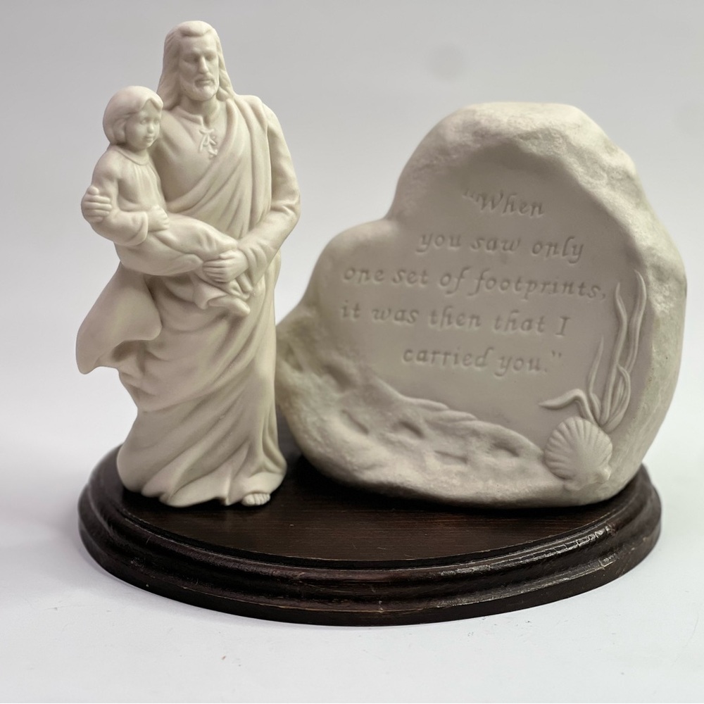 Jesus with a child, wooden base, porcelain figure